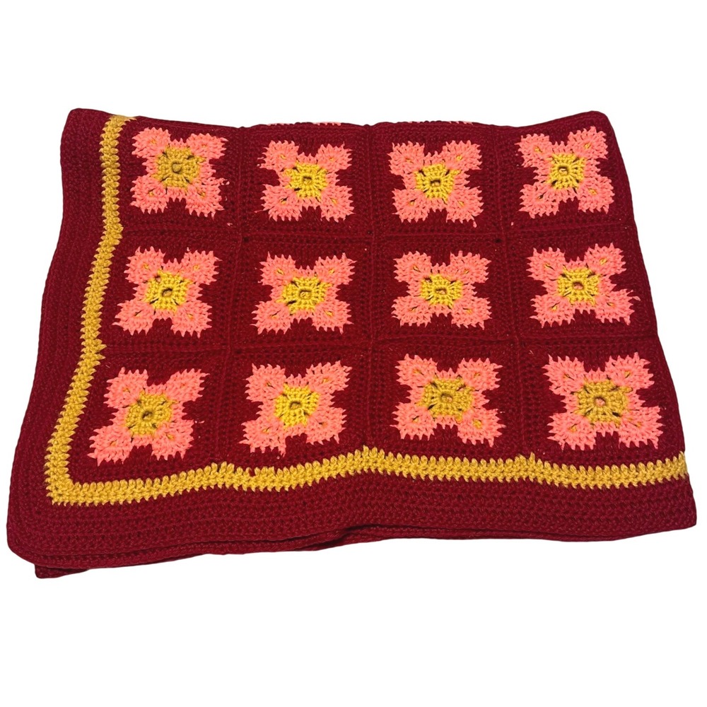Handmade Crochet Granny Square Blanket Red Pink Yellow Throw Afghan Boho Cottage